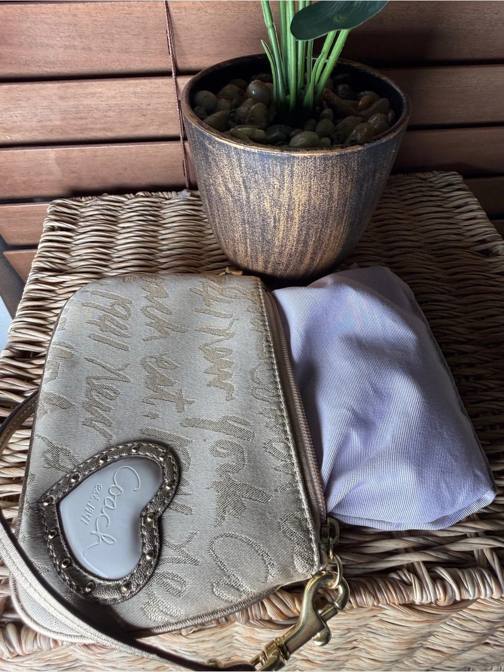 Coach Beige Script Wristlet with Heart Patch